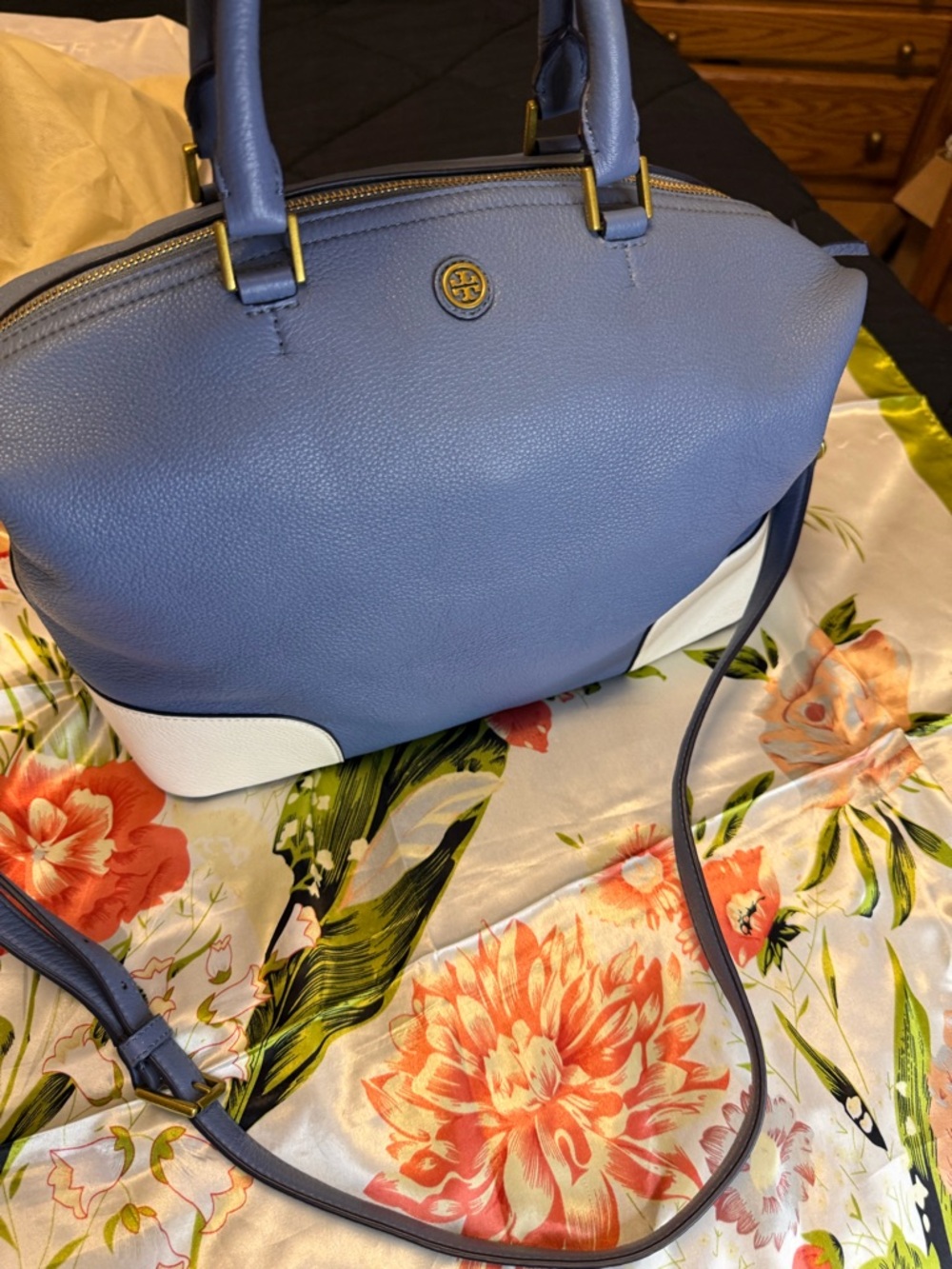 Tory Burch Frances Slouchy Colorblock Tote Bag – Blue & White Pebbled Leather
